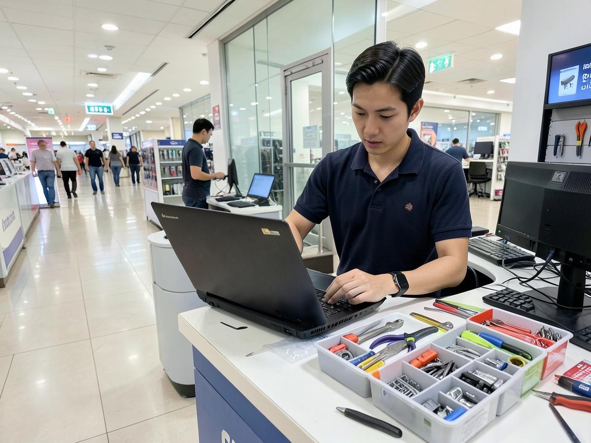 Service counter with a technician testing a refurbished notebook