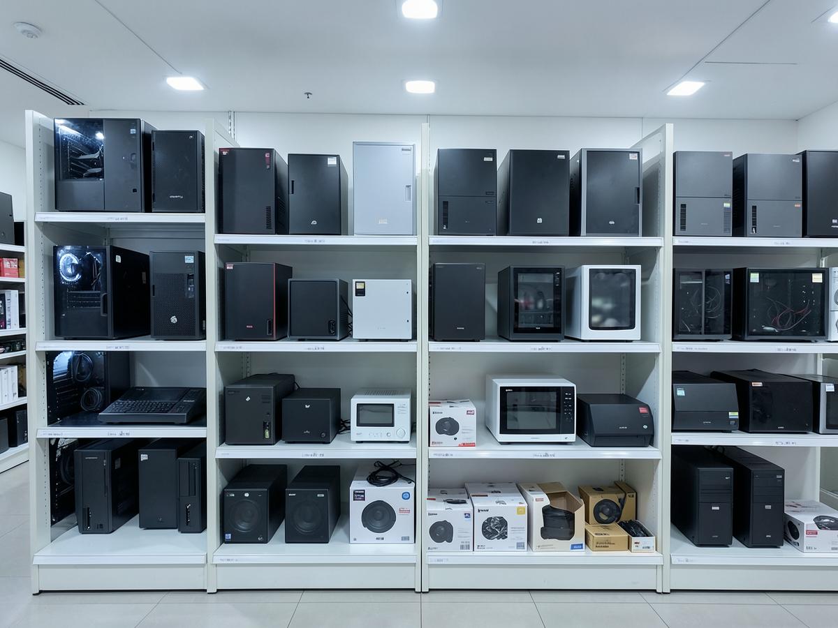 Shelves of refurbished desktop computers and boxed spare parts